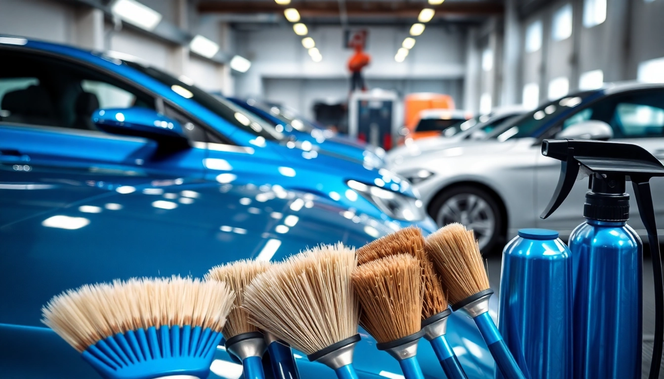 Experience thorough car detailing near me with expert tools and polished vehicles in a vibrant setting.