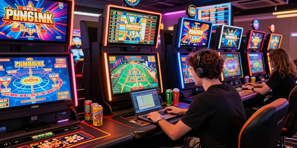 Exciting gameplay at a credit card casino with player engaging on a laptop amidst colorful slot machines, showcasing vibrant gaming atmosphere.