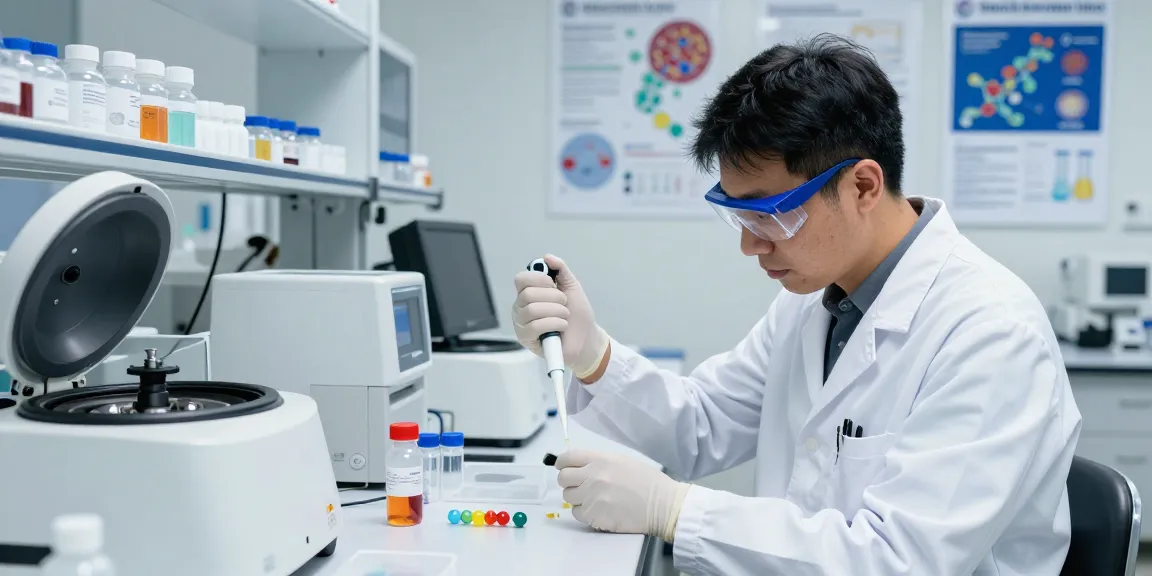 Scientist conducting peptide research at Swiss Chems Labs with advanced lab equipment and colorful compounds.