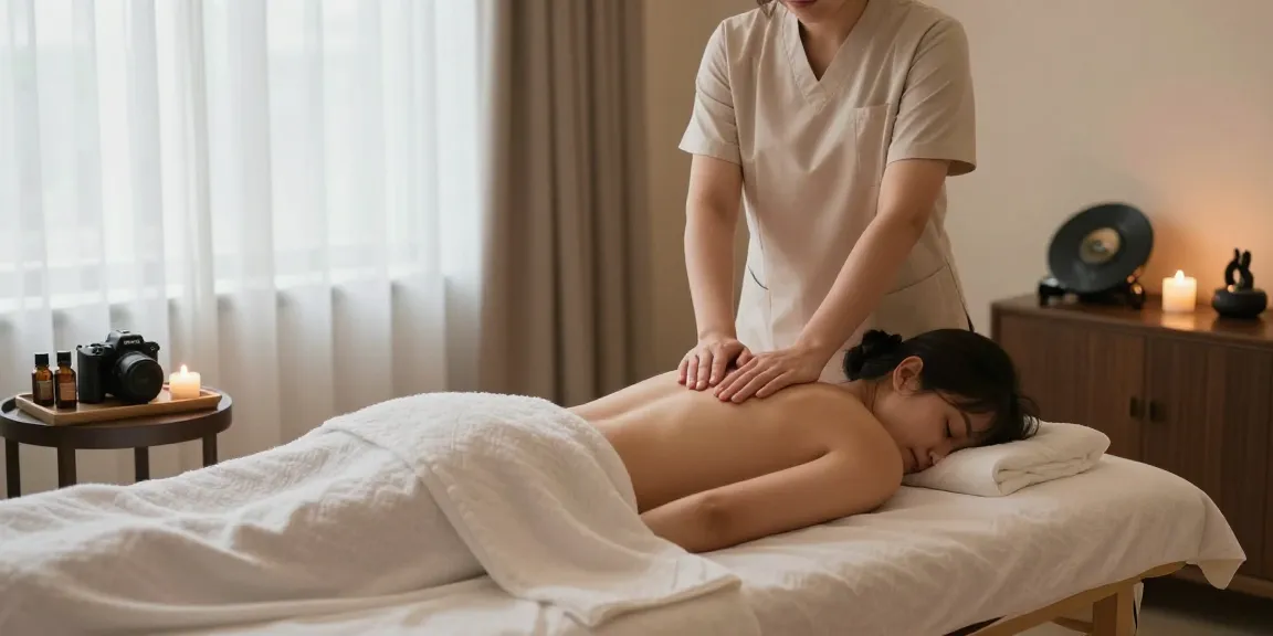 상봉동출장마사지가 이루어지는 평화로운 마사지실의 모습, 편안한 분위기와 아로마 오일이 어우러진 장면입니다.