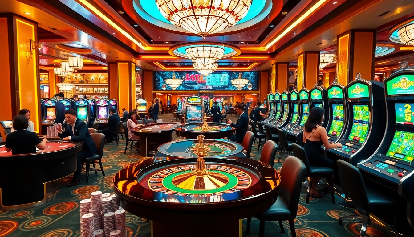 A vibrant casino scene illustrating the excitement of nhà cái 89bet with dynamic gaming tables and players.