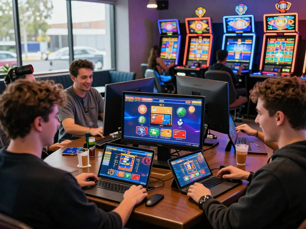 Exciting gaming atmosphere with players exploring uk credit card casino sites on laptops and tablets.
