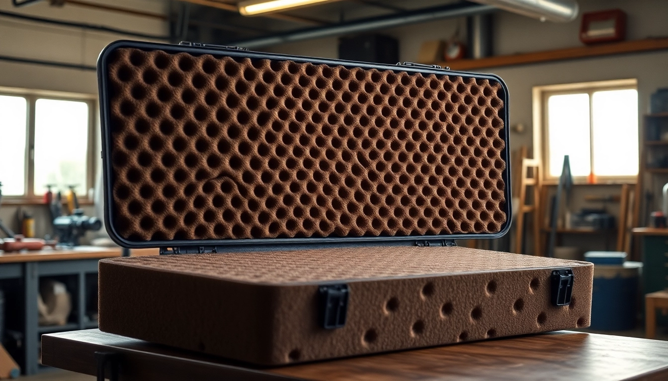 Showcasing foam for rifle case highlighting precision cuts and texture in a workshop setting.