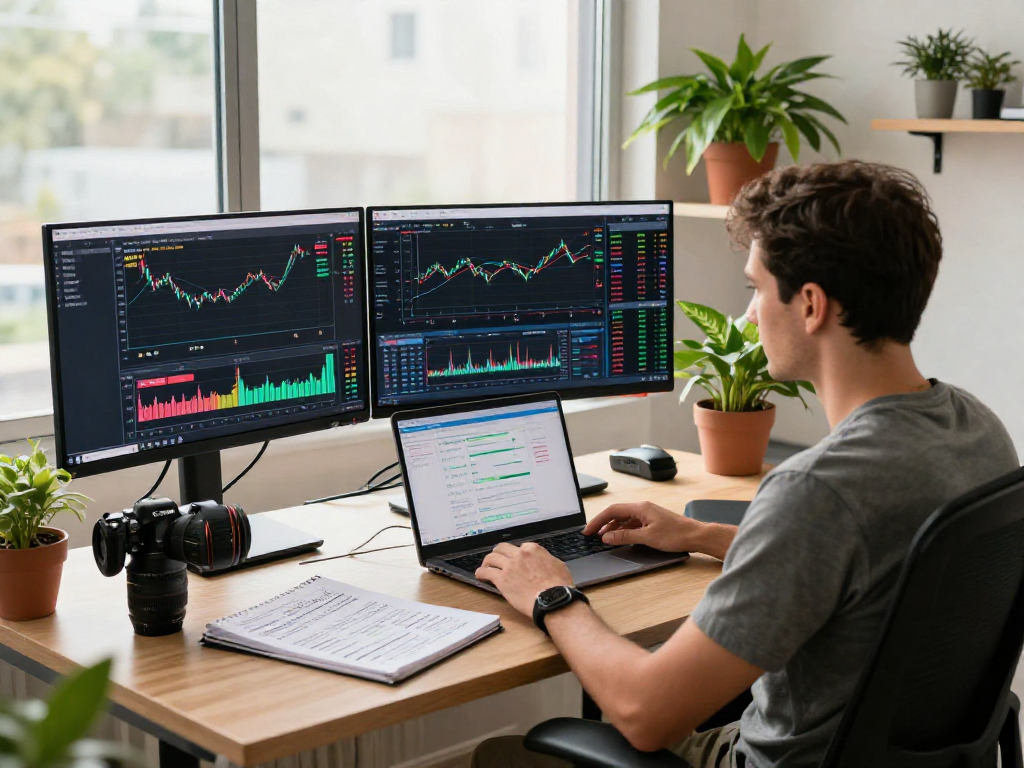 在现代交易办公室，交易者使用TradingView分析股票、外汇和加密货币市场数据，充满活力的交易环境。