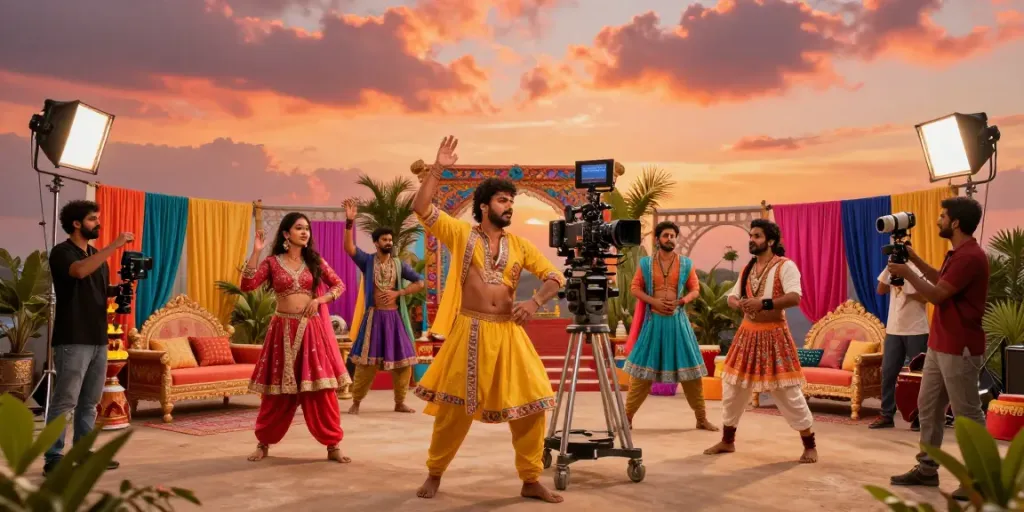 Actors on a vibrant Indian film set capturing aagmaal moments during sunset.