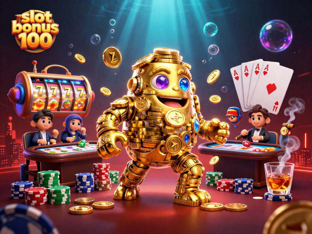 Win big with slot bonus 100 in this dynamic casino scene featuring exciting slot reels and vibrant gold coins.