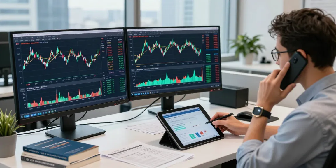 Trader using MT4 for forex analysis in a modern workspace with multiple monitors and live charts.
