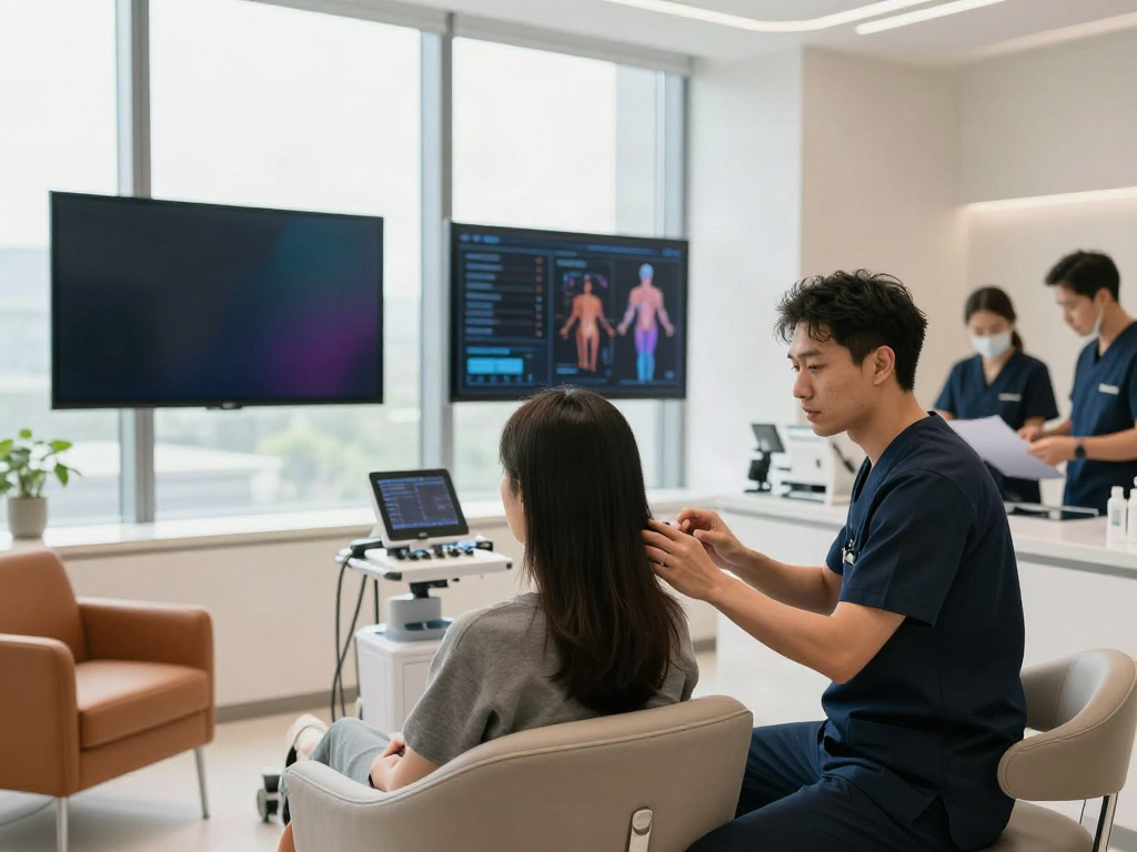 Consultation for a hair transplant showcasing a professional clinic environment.