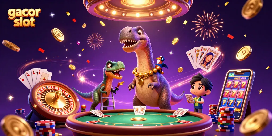 Experience the excitement of gacor slot with a vibrant casino scene featuring a brontosaurus and raptor.