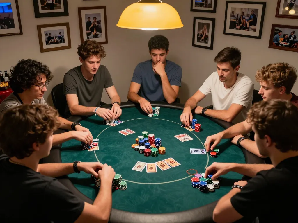 Teman-teman menikmati permainan poker di rumah, menampilkan strategi Texas Hold'em dan chip berwarna-warni