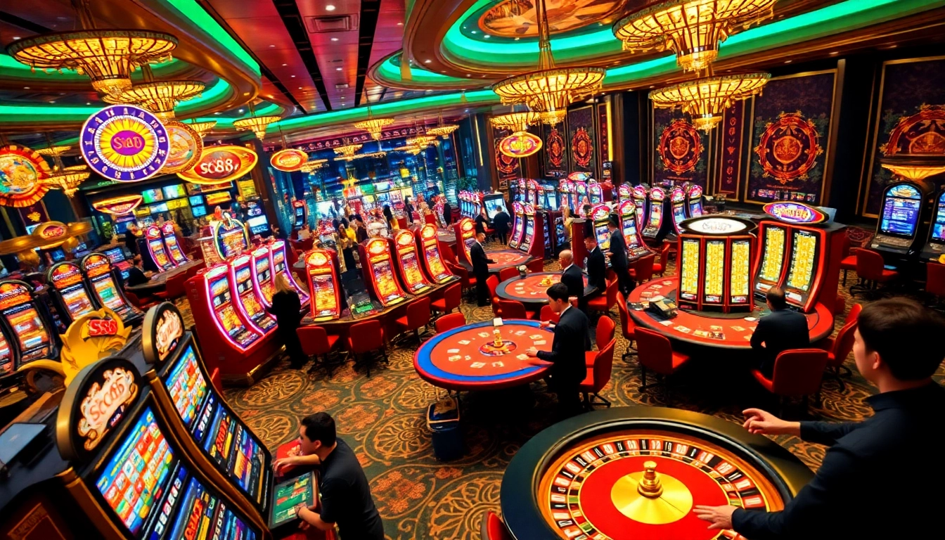Exciting scene of casino gamblers at sc88-themed tables featuring vibrant lights and engaging gameplay.
