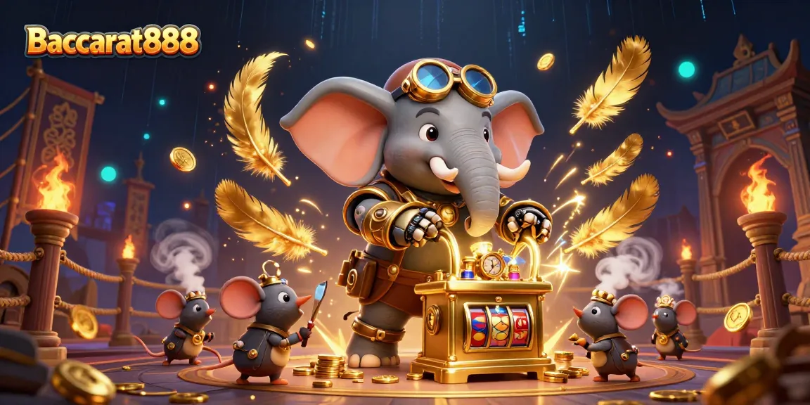 Baccarat888 offers an immersive 3D casino experience with a vibrant steampunk-themed slot machine scene filled with animated characters.