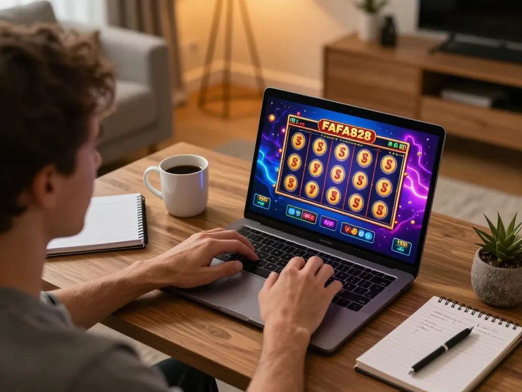 Player engaging with FAFA828's online slots on their laptop in a cozy home setup