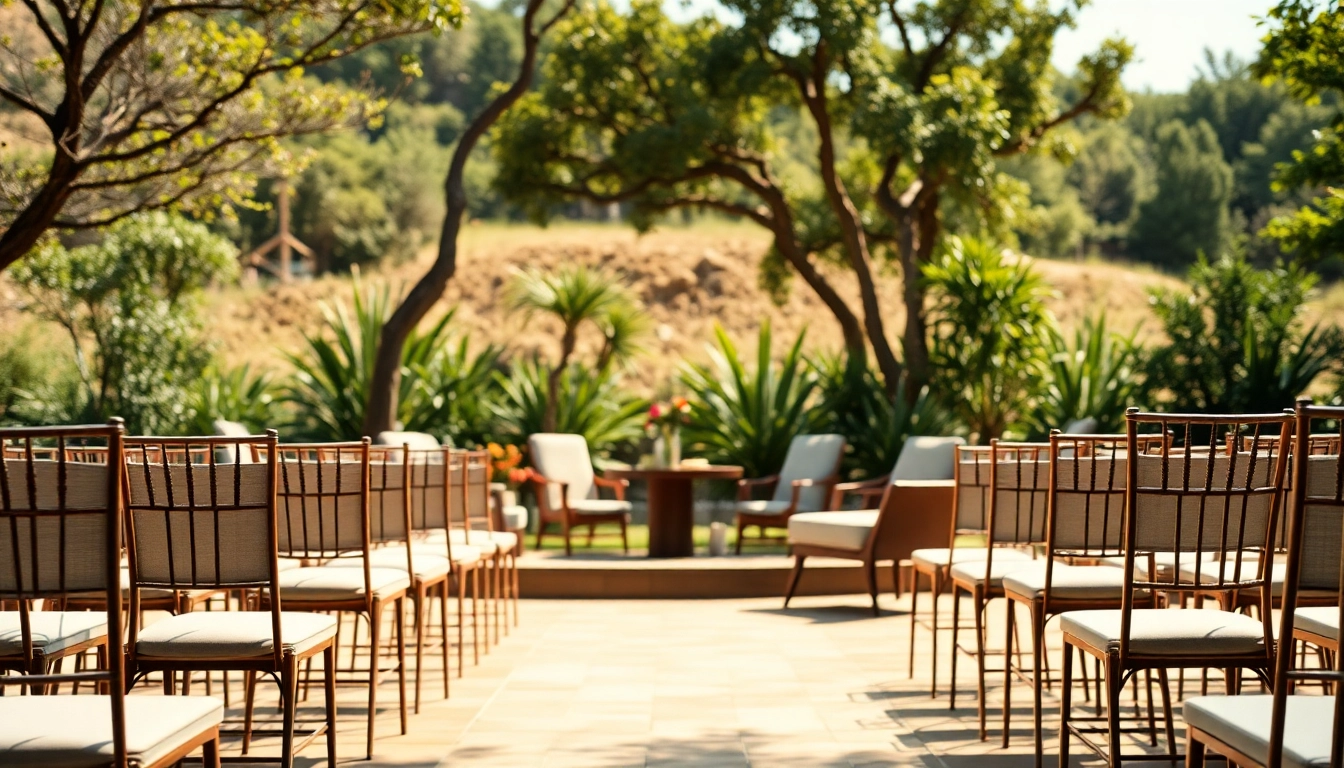 Explore elegant chair rentals displayed in a beautiful outdoor setting with lush greenery.