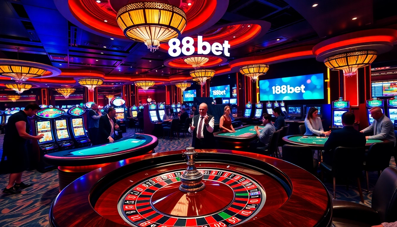 Experience the excitement at 188bet with thrilling game tables and vibrant casino scenes.