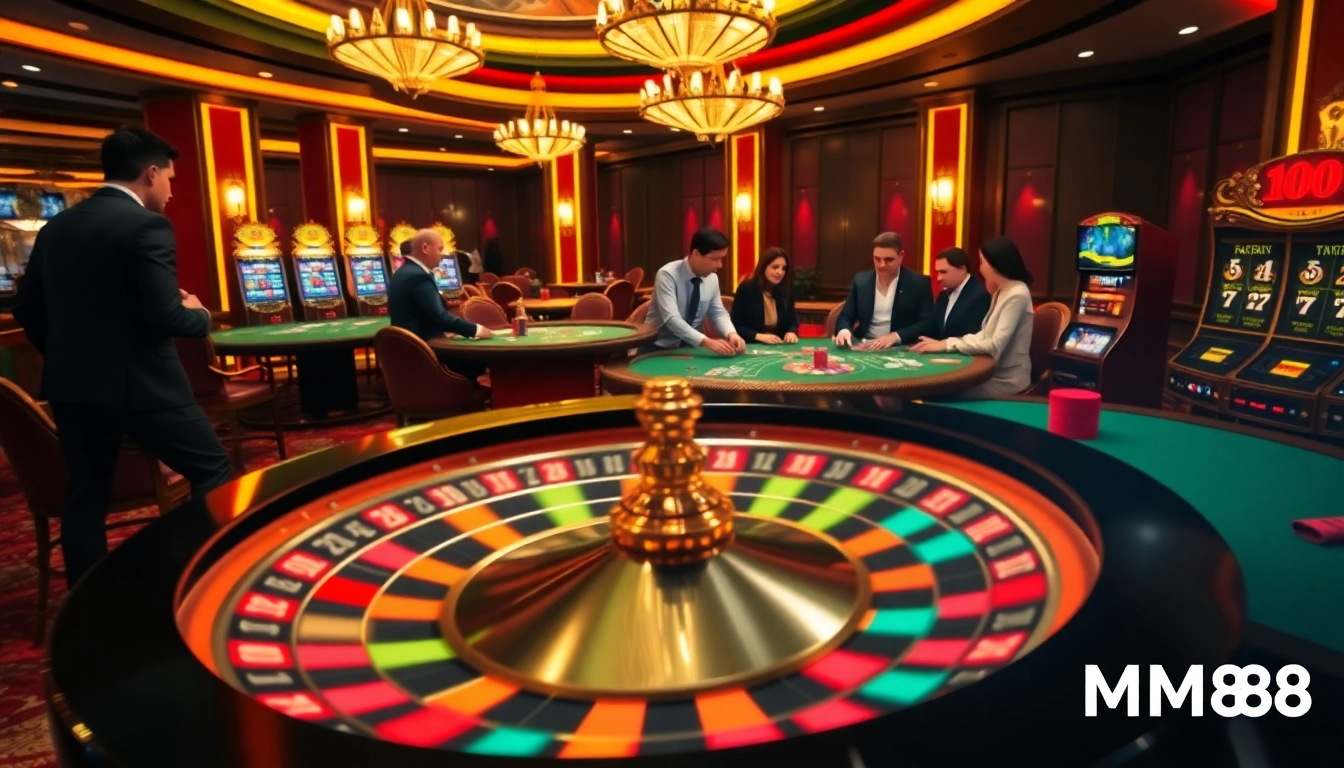 Experience thrilling gameplay at MM88 with vibrant casino tables, roulette wheels, and poker excitement.