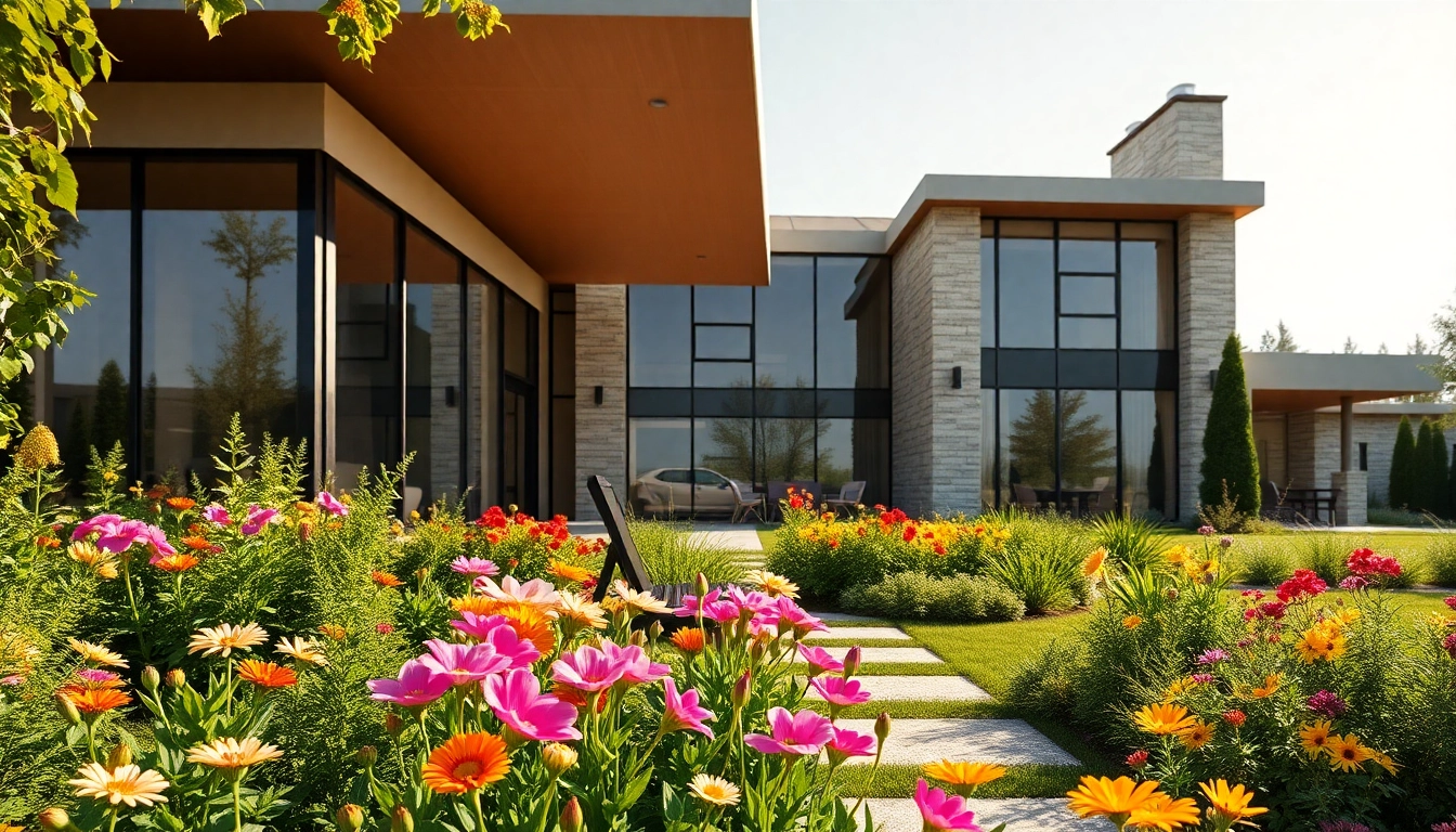 Explore custom residential architecture services with a stunning modern home, lush garden, and inviting atmosphere.