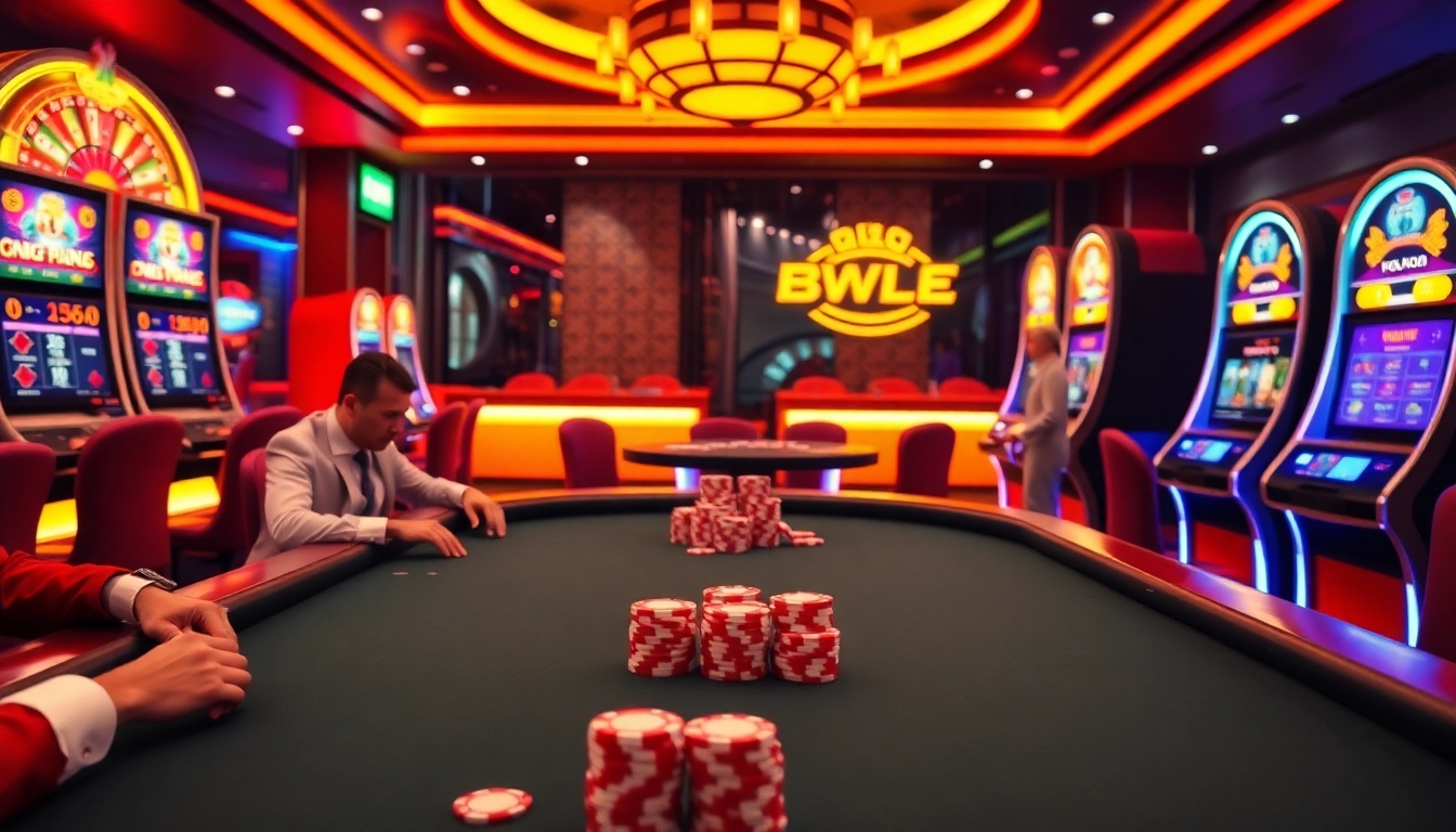 Experience the excitement of onicplay with a vibrant casino scene featuring poker tables and modern slot machines.
