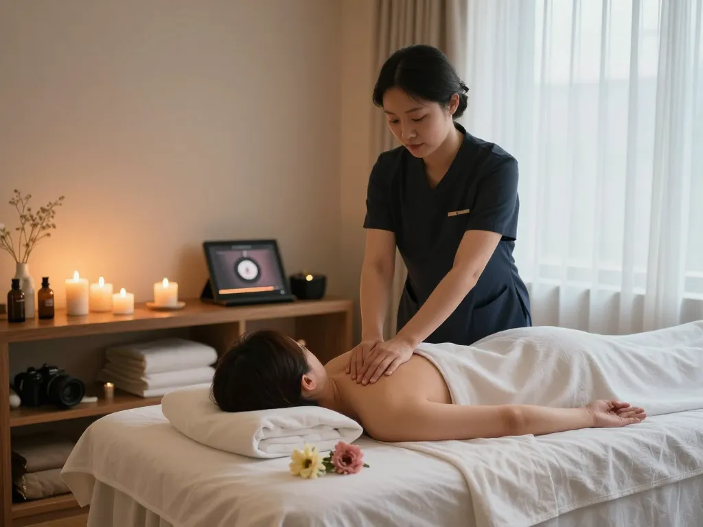 고급스러운 스파에서 차분한 장식과 ambient 조명이 있는 강남스웨디시를 강조하는 편안한 스웨디시 마사지 장면.