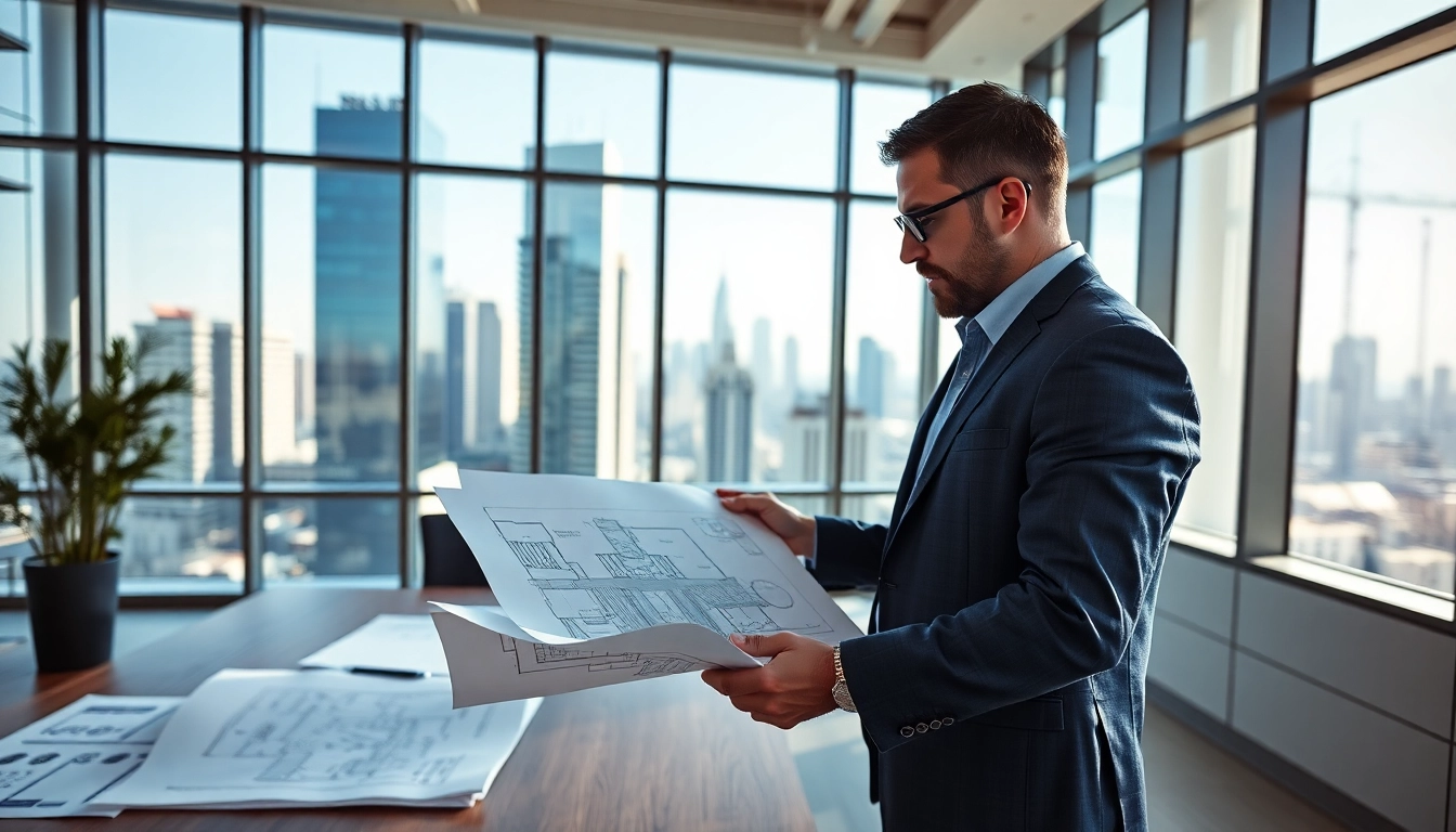 Commercial architect analyzing blueprints in a vibrant office environment