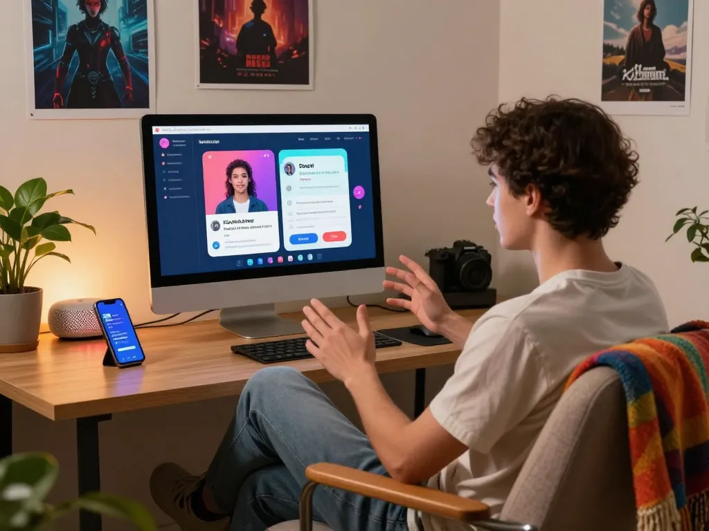 Engaging in ai sex chat with a customizable AI chatbot in a cozy room.
