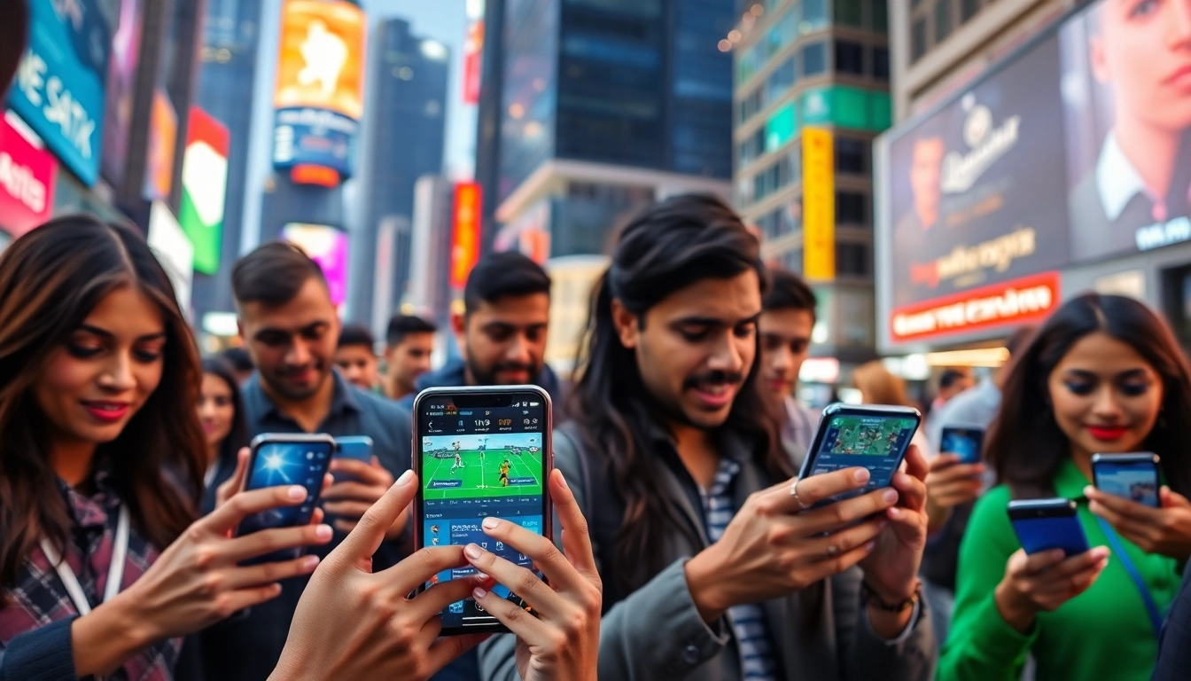 Engaged users interacting with sports betting apps India in a lively urban environment.