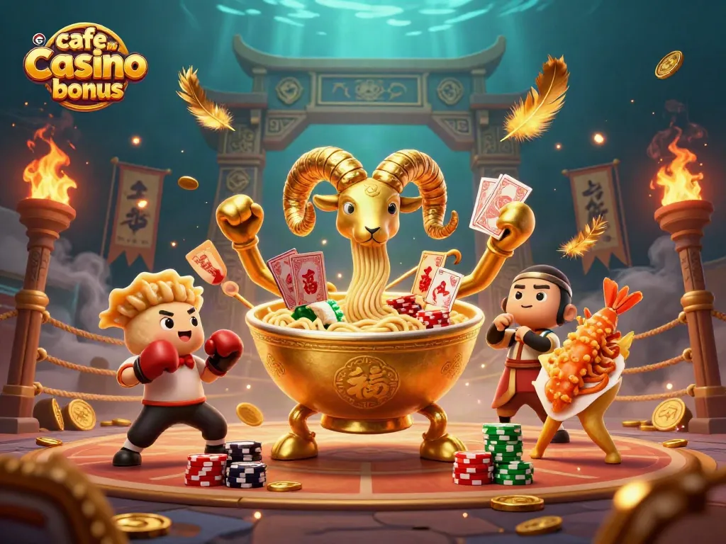 Cafe casino no deposit bonus showcase, featuring vibrant characters like a golden ramen bowl dealer amidst exciting casino elements.