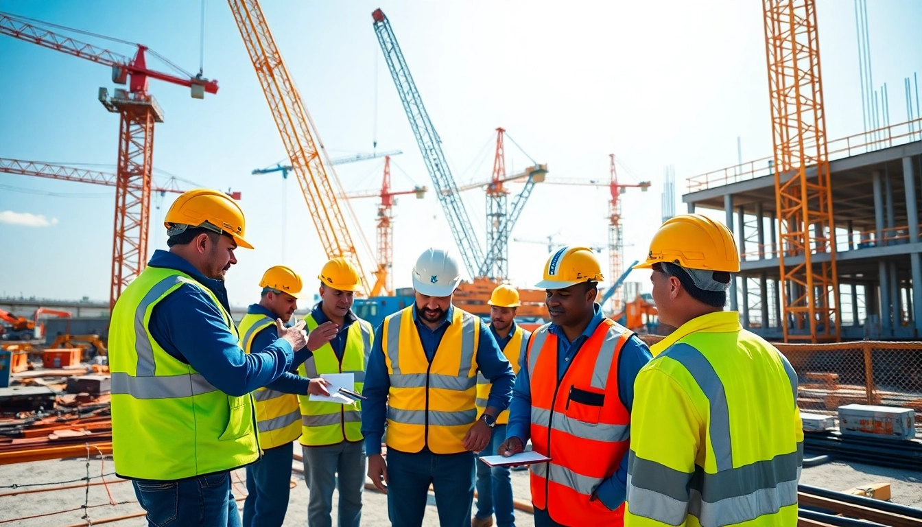Workers engaged in Austin construction activities on a vibrant site with machinery and cranes.