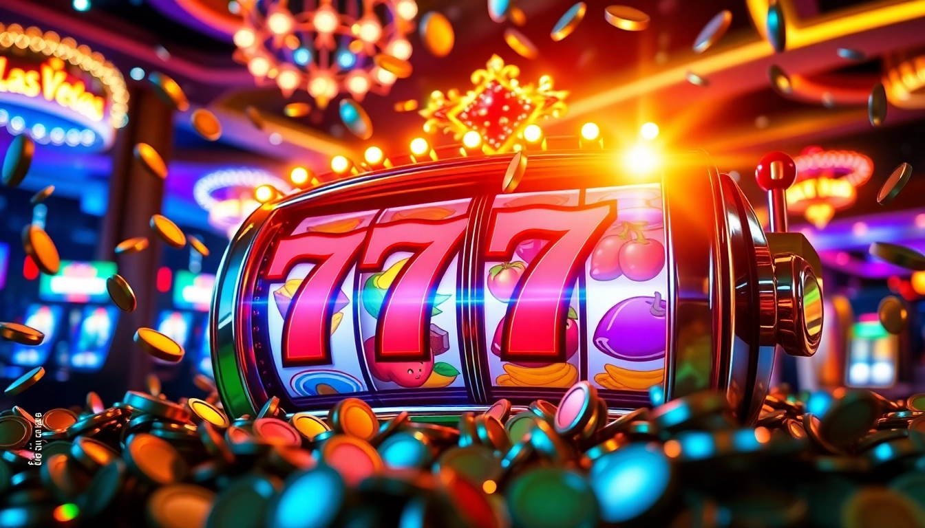 Mainkan slot 777 dengan mesin slot penuh warna dan koin berkilauan di latar belakang.