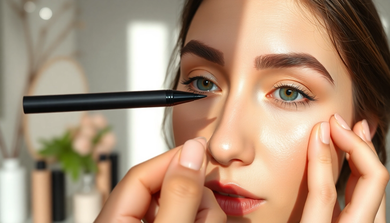 Model applying brow pen for defined brows in a serene beauty studio.