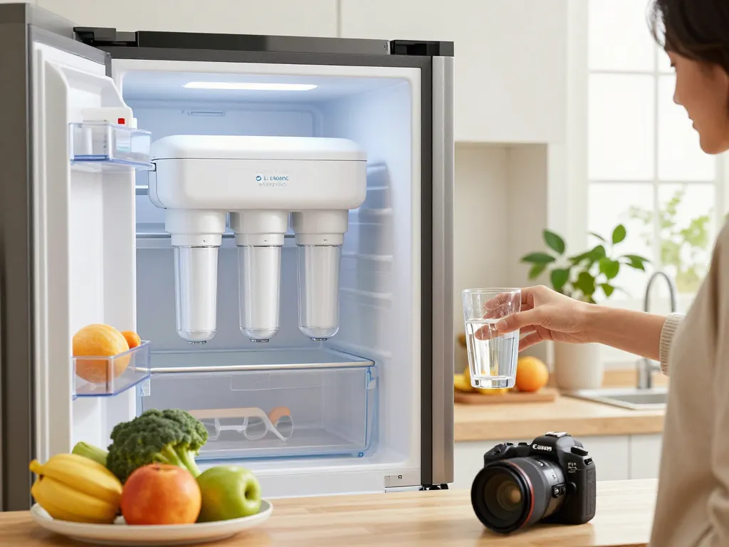 Waterdrop Plus LT1000PC ADQ747935 Refrigerator Water Filter in a modern kitchen emphasizing health and fresh water with natural light.