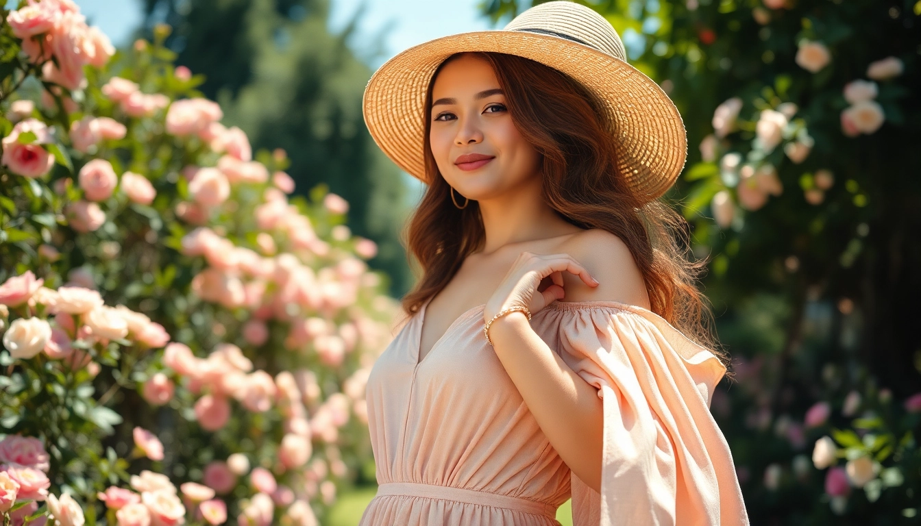 Showcasing a stylish Rivelle dress in a vibrant garden setting, perfect for elegant occasions.