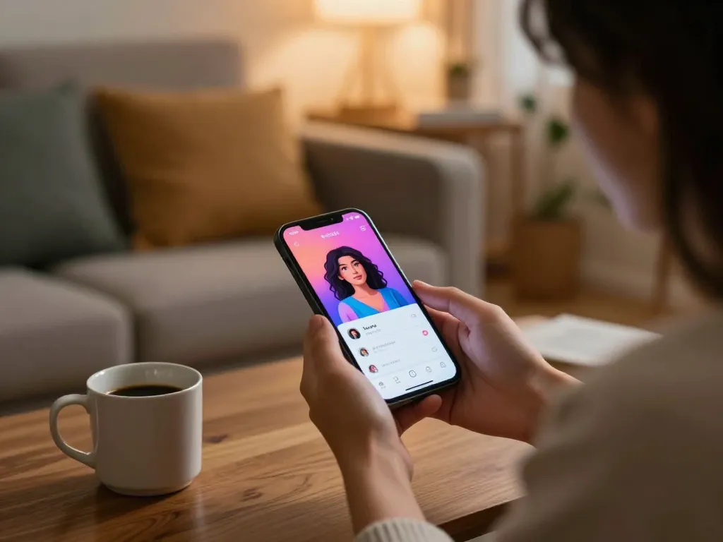 Engaging with an AI girlfriend app in a cozy living room setting, showcasing personalized digital interaction.