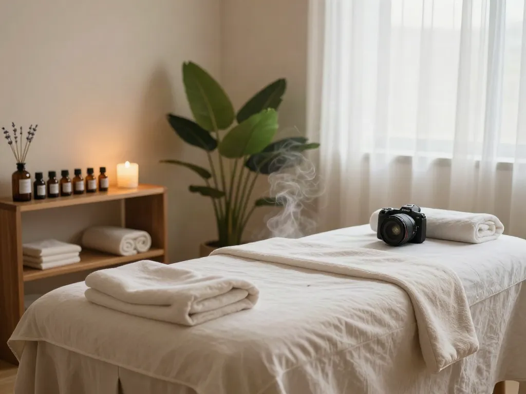 Relaxing 청라출장마사지 therapy room with calming decor and essential oils.