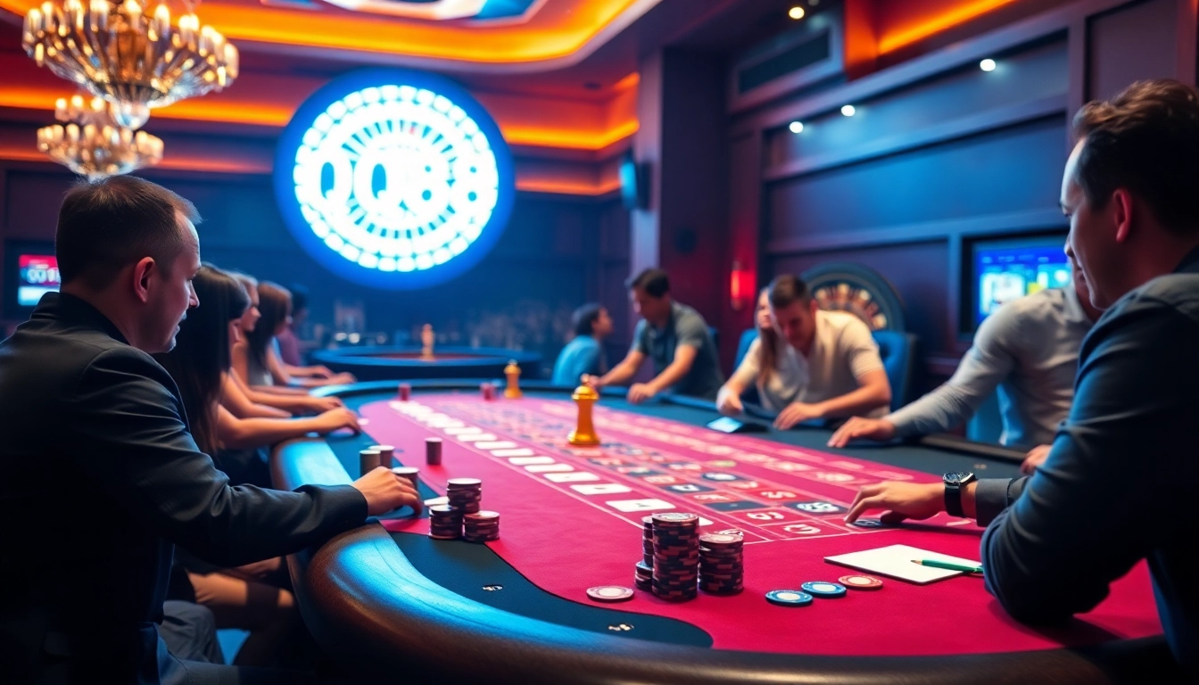 Players enjoying a thrilling poker game at QQ88 casino, showcasing excitement and strategy.