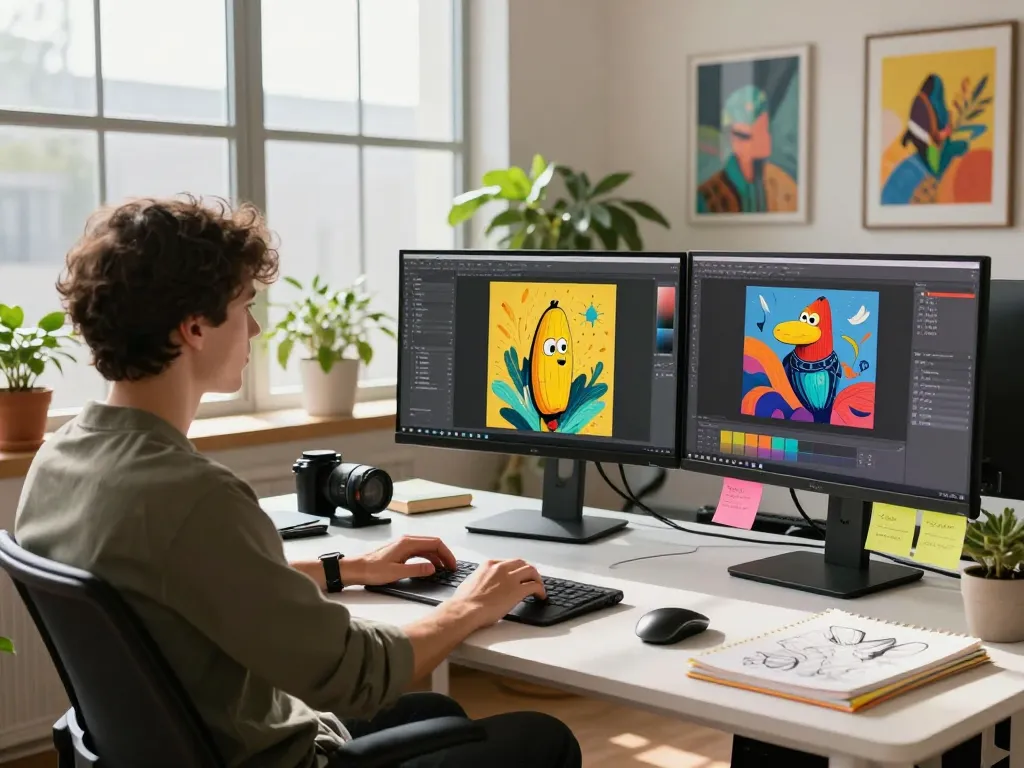 Creative designer using nano banana pro for vibrant AI images in a modern studio.