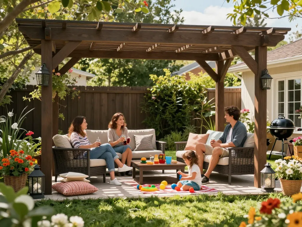 3D pergola configurator scene with a family enjoying a stylish outdoor space under a designer pergola, surrounded by greenery.
