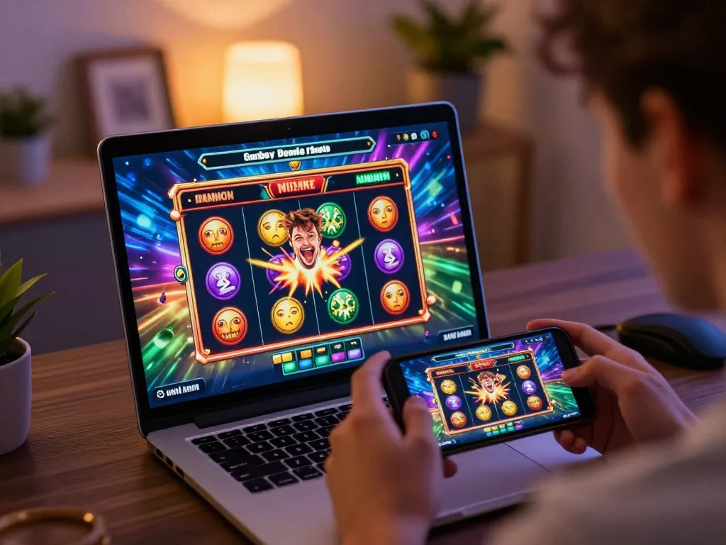 Engaging slots not on Gamstop gameplay on a laptop, showcasing vibrant colors and player's victory.