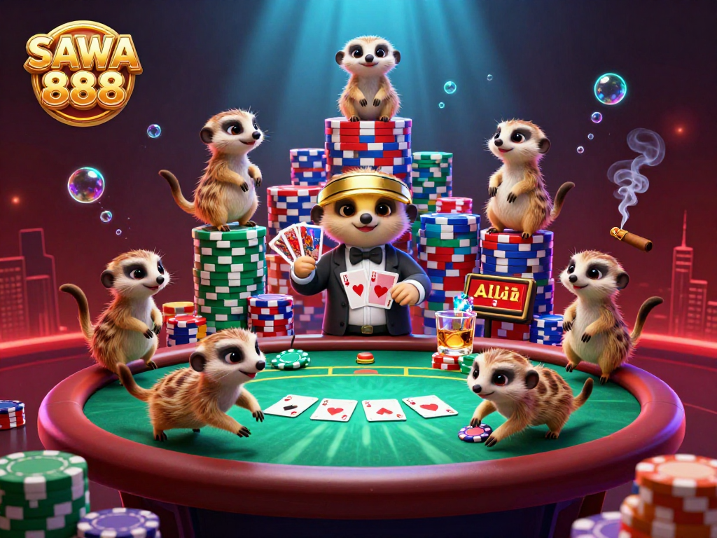 SAWA 888 features a lively meerkat casino scene with vibrant poker elements and dynamic details.