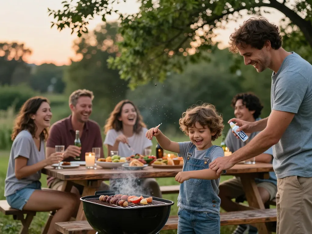 Family enjoying a summer barbecue while applying mosquito repellent in a lush outdoor setting.