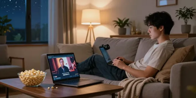 ZoeChip streaming scene in a cozy living room with ambient lighting.