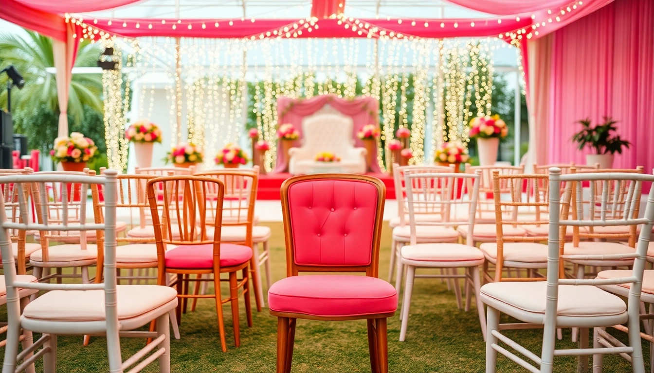 Chair Rentals showcase featuring a variety of elegant chairs set for an outdoor event.