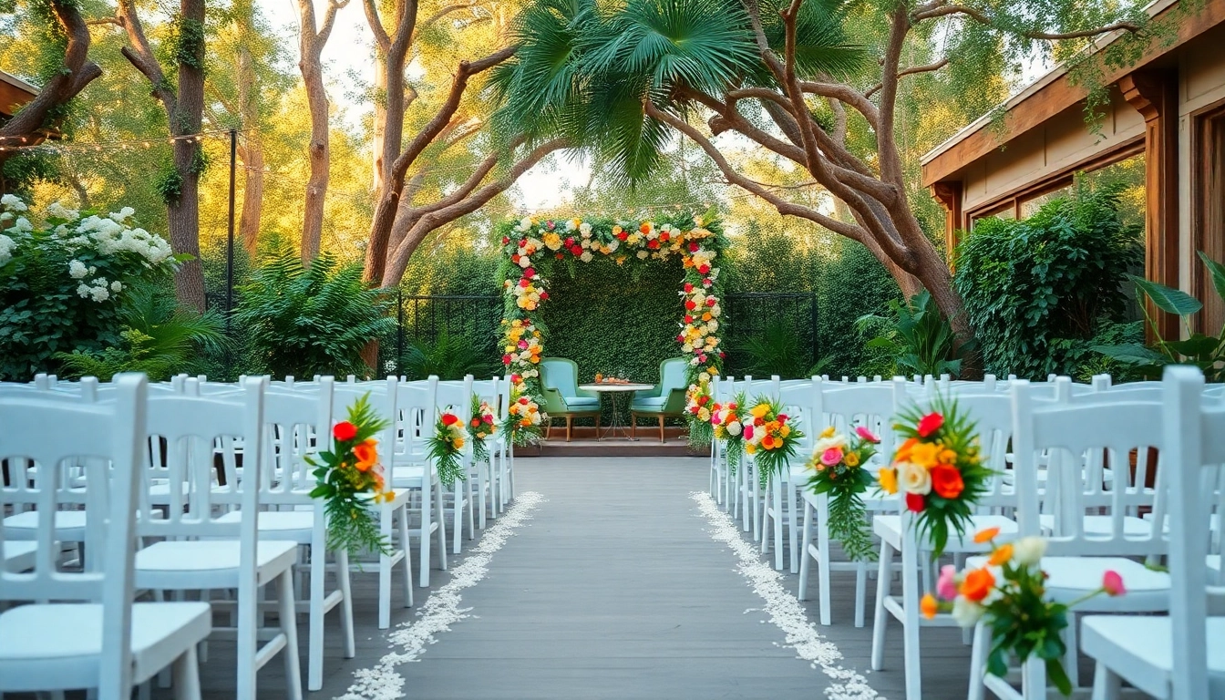 Beautiful wedding venue California garden with elegant floral arrangements during a sunny outdoor ceremony.