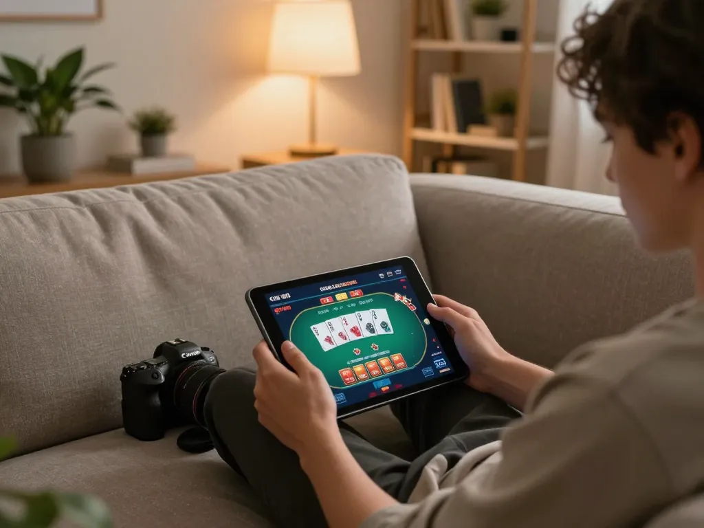 Experience online gaming on trang chủ fly88 with a tablet, showcasing contemporary poker action in a cozy atmosphere