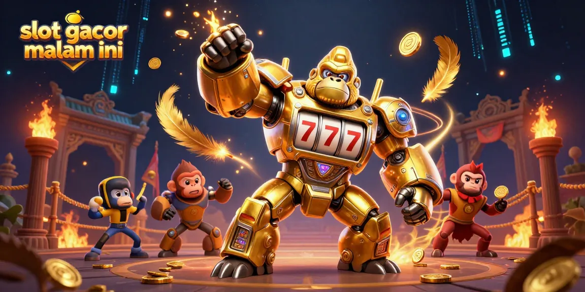 Engage in thrilling slot gacor malam ini with a dynamic 3D illustration of a golden gorilla mech.