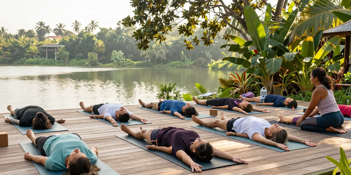 Experience Hatha yoga teacher training in Sri Lanka with students practicing yoga in a serene natural setting.