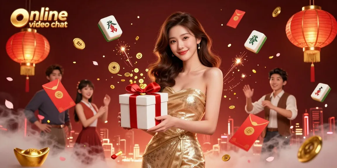 Engage in online video chat with a festive casino-themed illustration featuring vibrant elements and characters.