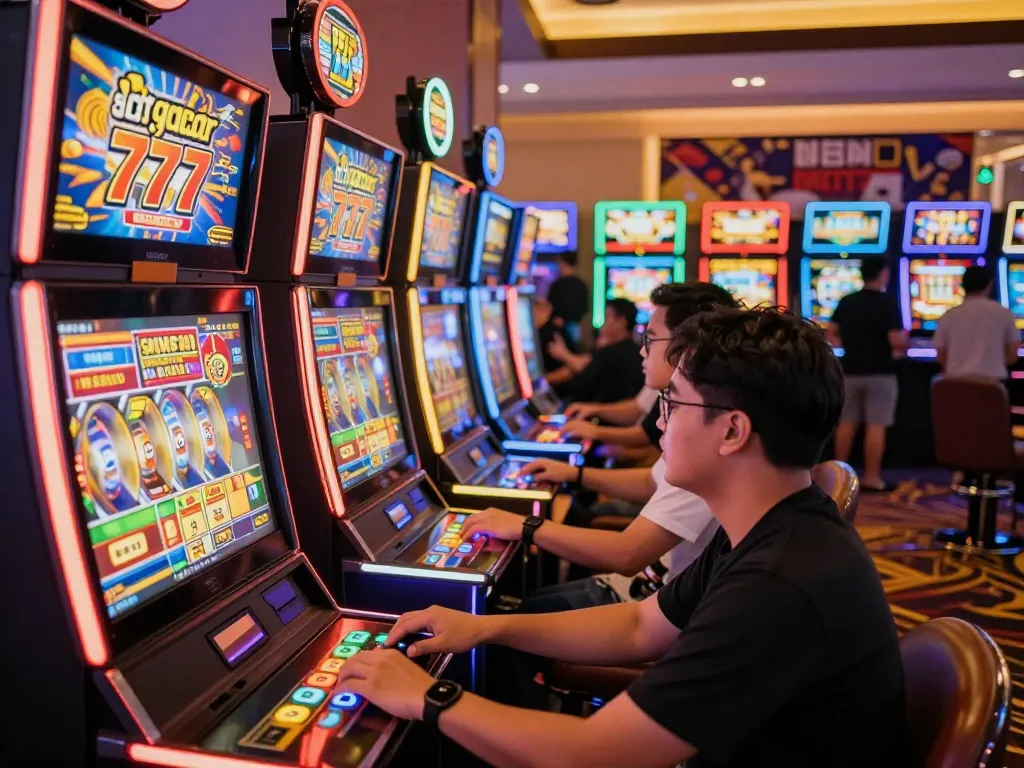 Engaged players celebrating wins at popular slot gacor 777 machines in a vibrant casino.