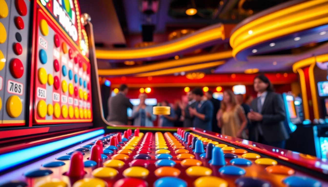 Permainan plinko menarik dengan chip yang dijatuhkan di papan berwarna-warni.