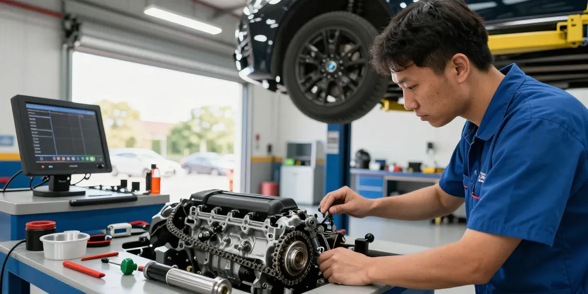 bmw steuerkette wechseln in einer modernen Werkstatt mit Mechaniker und Hochtechnologie.